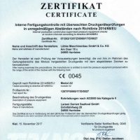 Zertifikat über interne Kontrolle mit internen Druckgeräteprüfungen